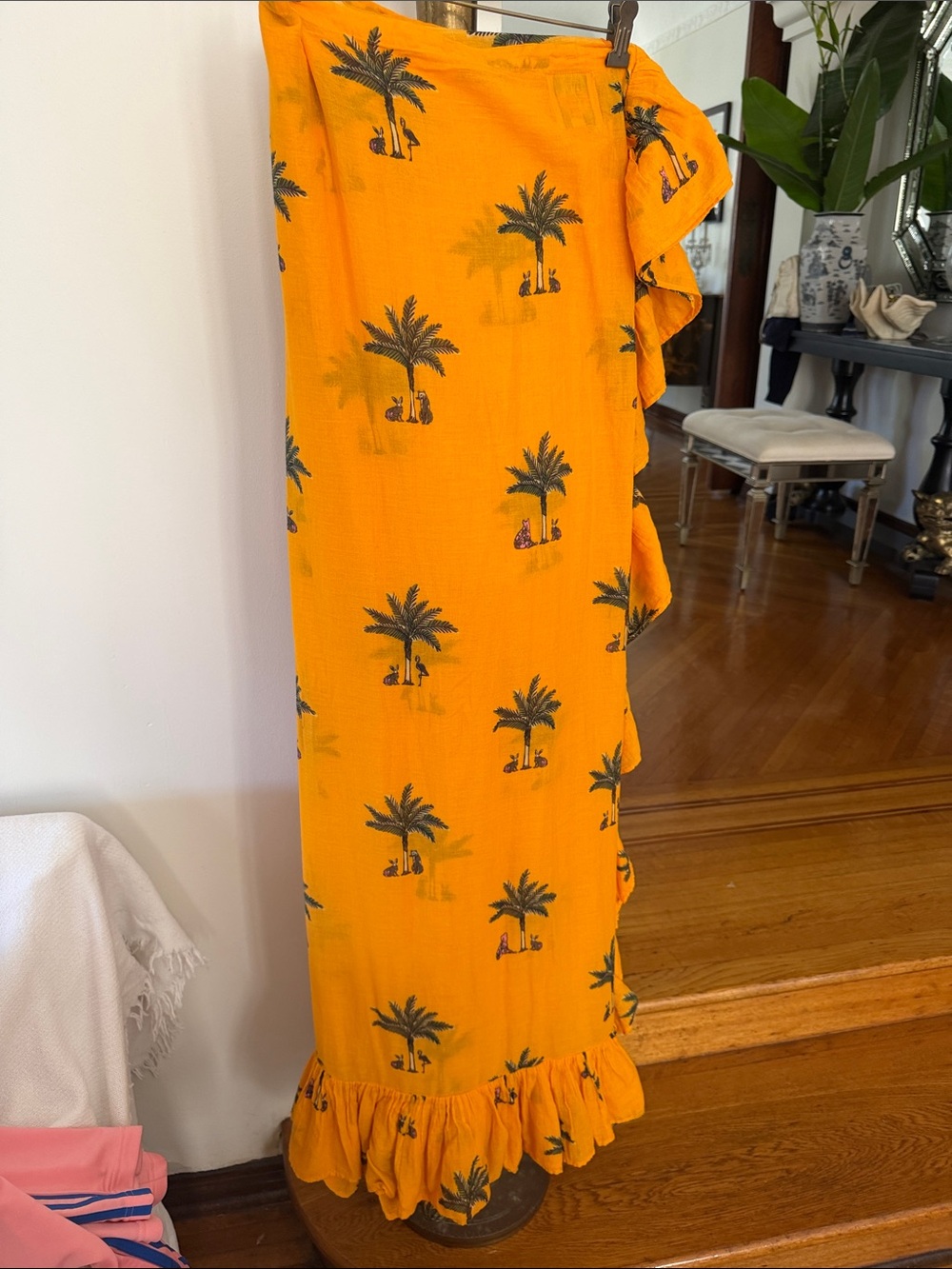 Orange Palm-Print Ruffle Maxi Pareo